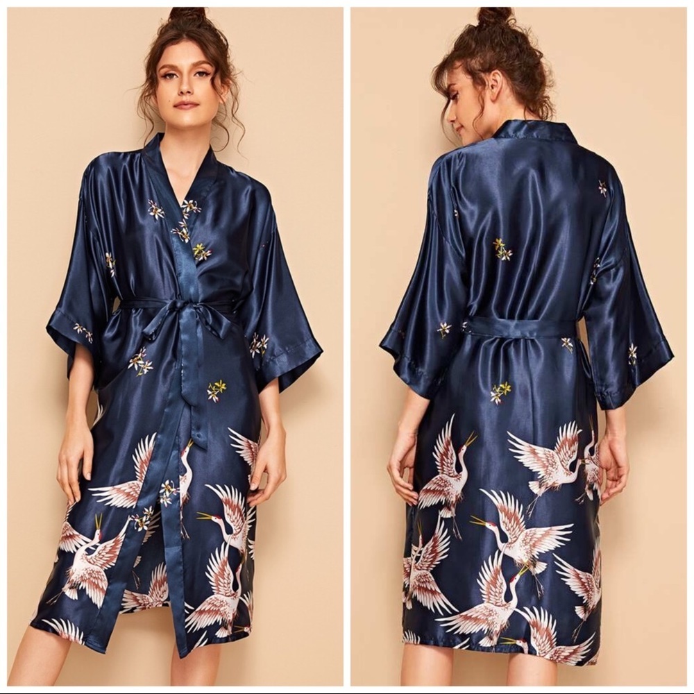 New Navy Blue Satin Silk-Like Kimono Robe - Picture 2 of 5